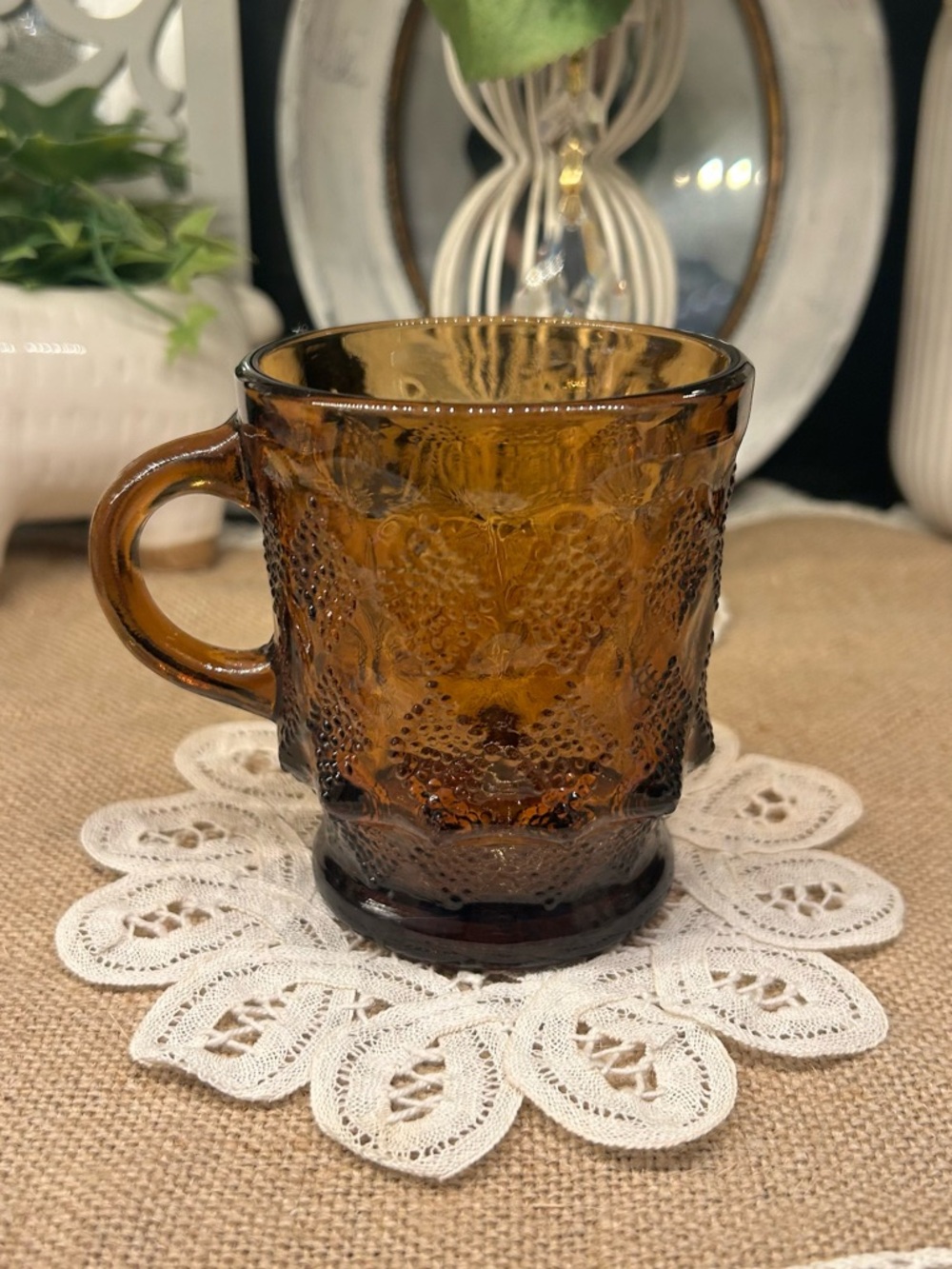 Vtg Anchor Hocking Fire King Kimberly Amber Glass Coffee Mug Diamond USA
